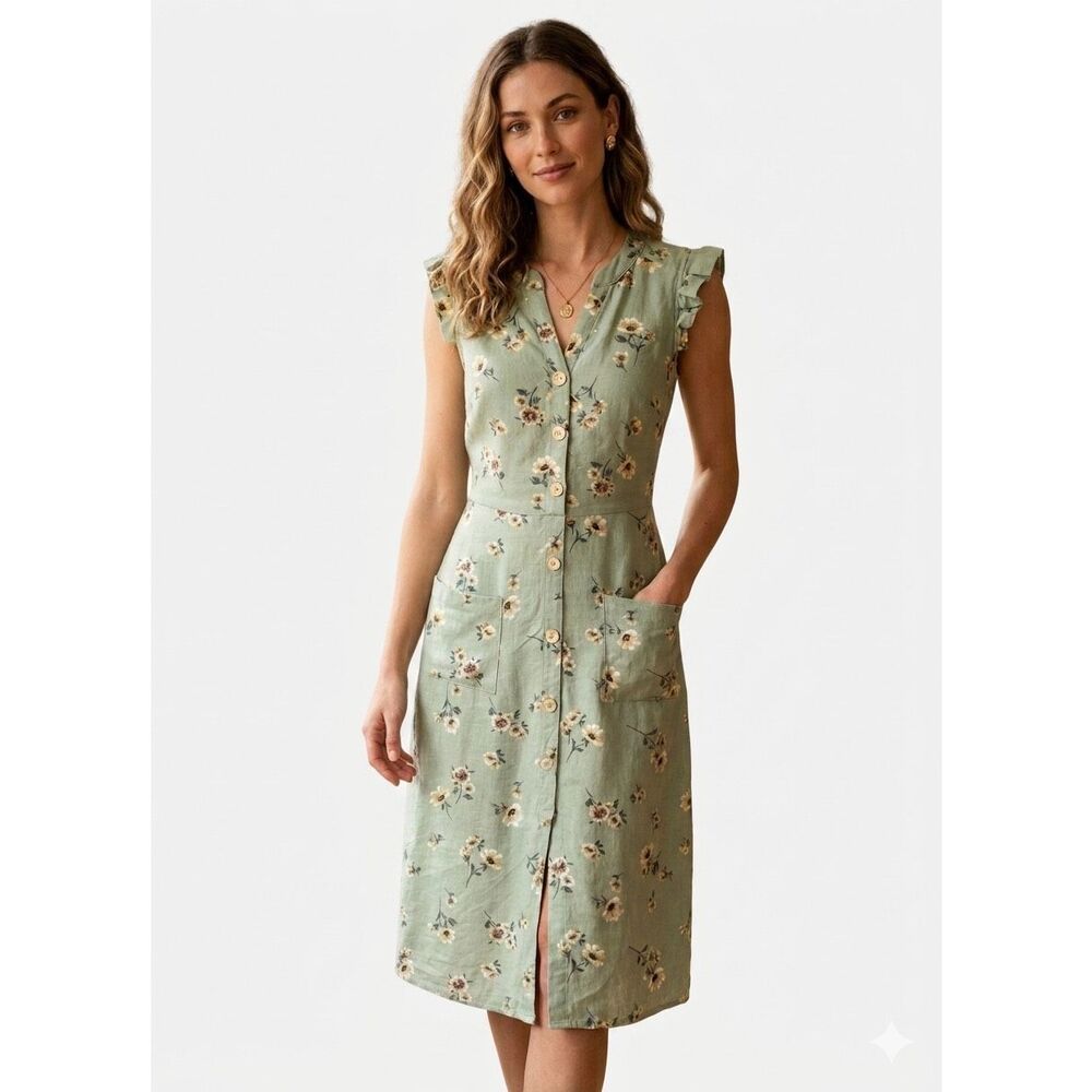 Monteau Los Angeles Sage Green Floral Midi Dress Linen Blend Button Front M